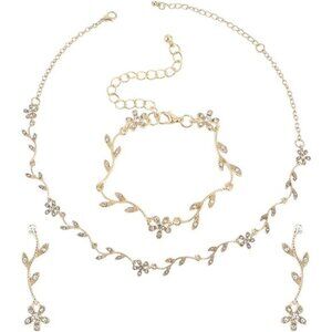 Gold Bridal Jewelry Set Crystal Necklace Earrings Bracelet Wedding Rhinestone